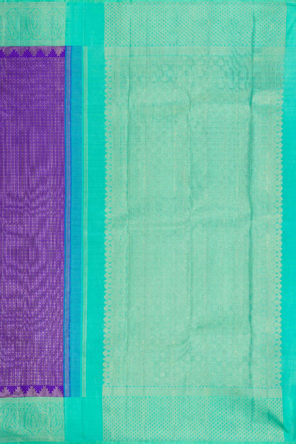 Close up image of the pallu of Pure Silk Pure Zari Royal Blue Dual Tone Kanchipuram Saree with Zari Brocade on the body and Zari Border