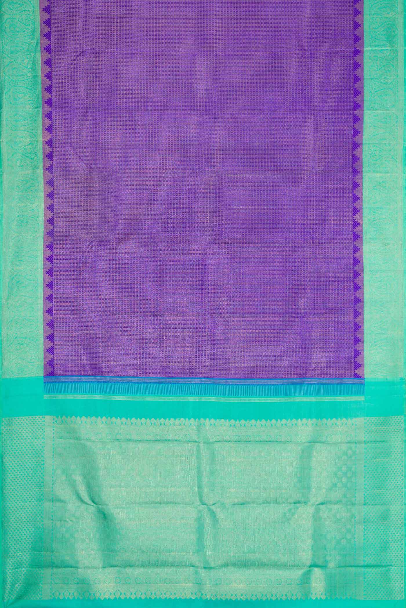 Flat view of Pure Silk Pure Zari Royal Blue Dual Tone Kanchipuram Saree with Zari Brocade on the body and Zari Border