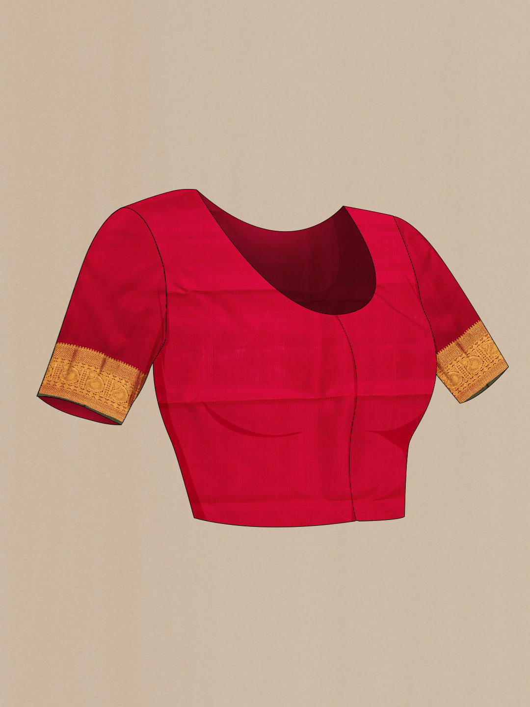 Close up image of the blouse of Pure Silk Pure Zari Red Dual Tone Kanchipuram Saree with Zari Brocade on the body and Zari Border