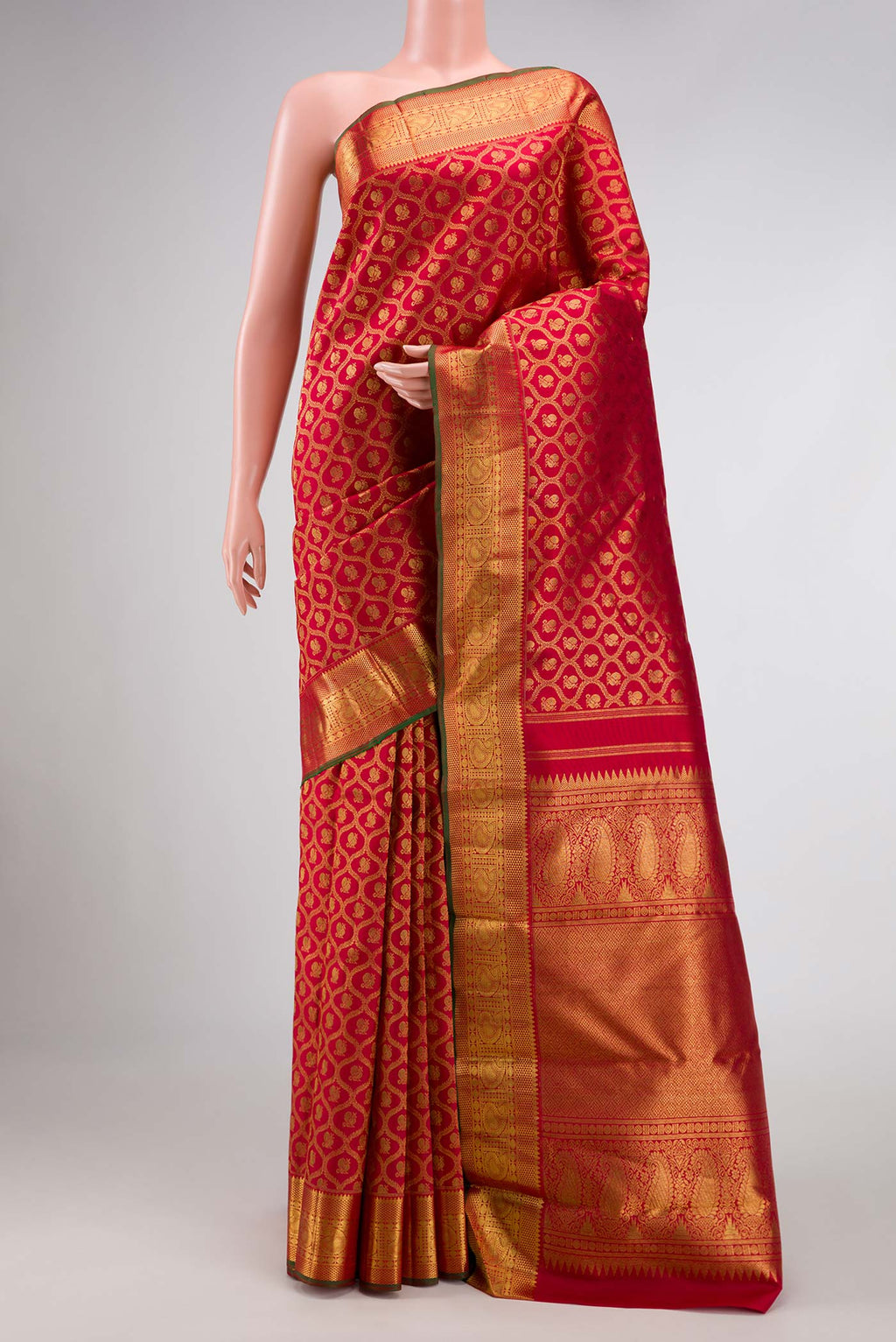 Pure Silk Pure Zari Red Dual Tone Kanchipuram Saree with Zari Brocade on the body and Zari Border displayed on a mannequin