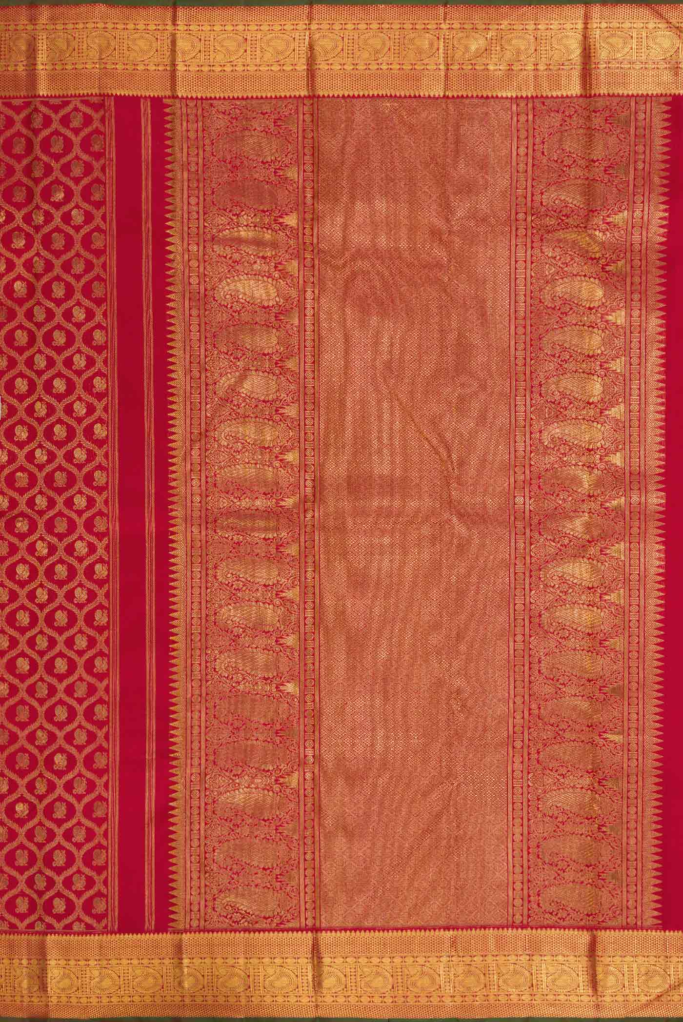 Close up image of the pallu of Pure Silk Pure Zari Red Dual Tone Kanchipuram Saree with Zari Brocade on the body and Zari Border
