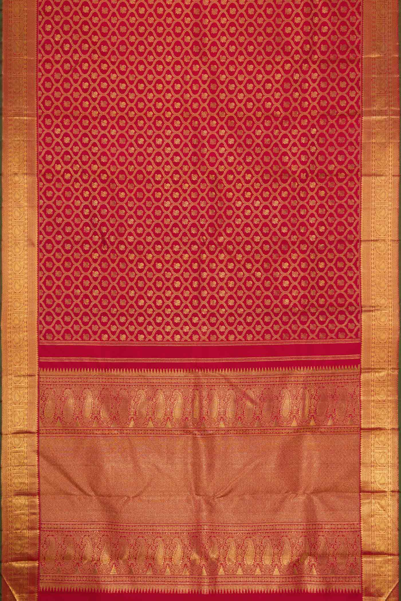 Flat view of Pure Silk Pure Zari Red Dual Tone Kanchipuram Saree with Zari Brocade on the body and Zari Border