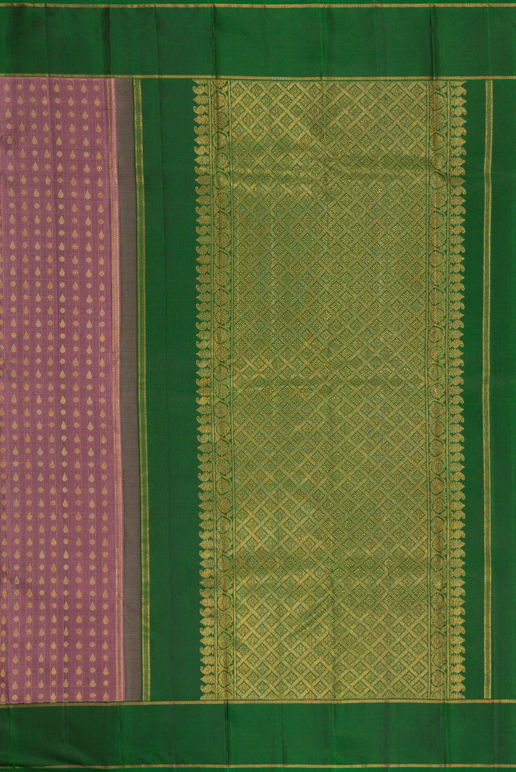 Close up image of the pallu of Pure Silk Pure Zari Brown Dual Tone Kanchipuram Saree with Zari And Thread Butta on the body and Zari Border. 