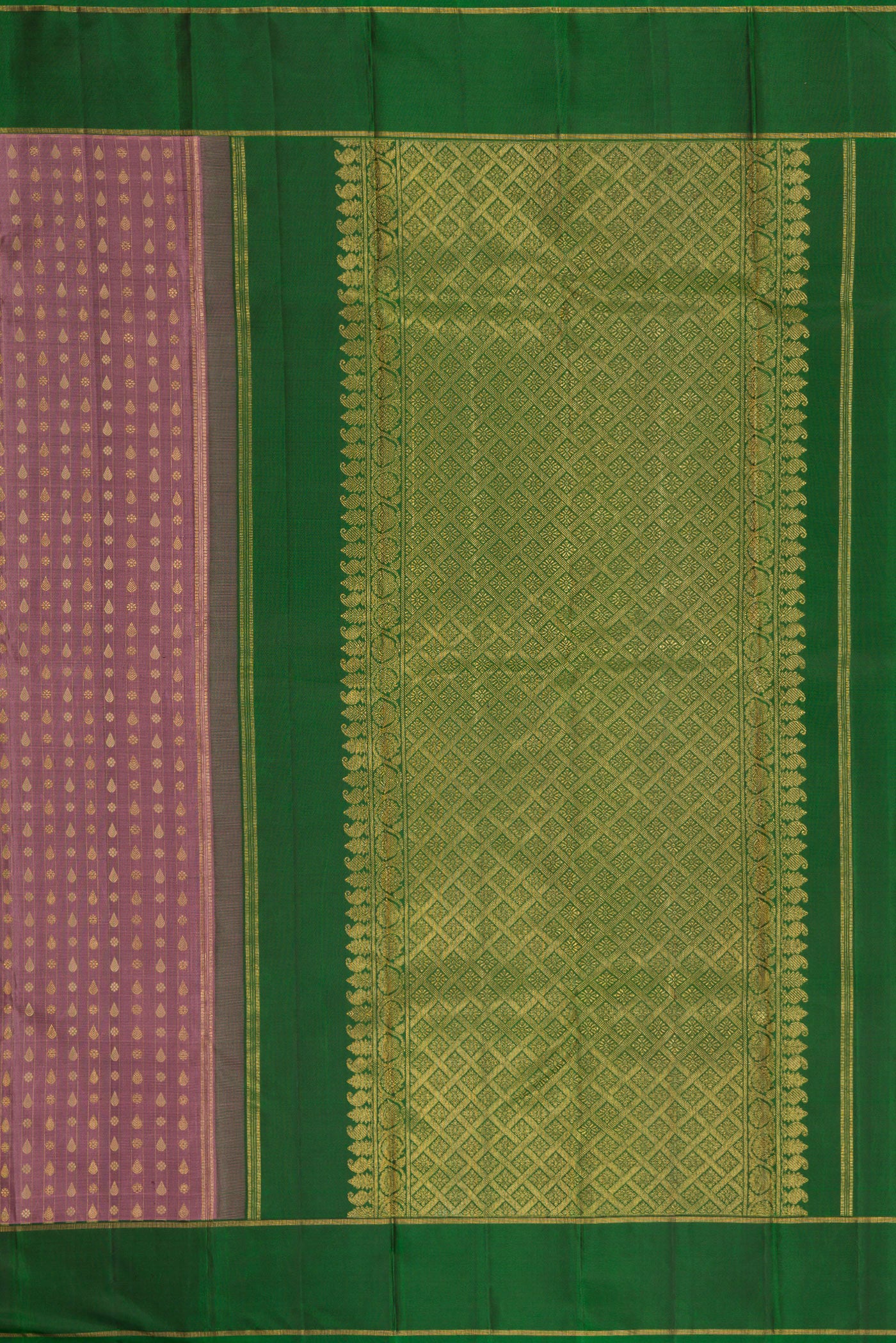 Close up image of the pallu of Pure Silk Pure Zari Brown Dual Tone Kanchipuram Saree with Zari And Thread Butta on the body and Zari Border. 