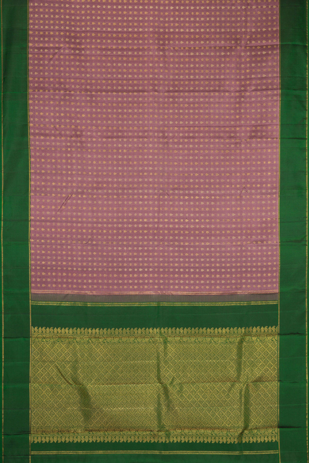 Flat view of Pure Silk Pure Zari Brown Dual Tone Kanchipuram Saree with Zari And Thread Butta on the body and Zari Border. 
