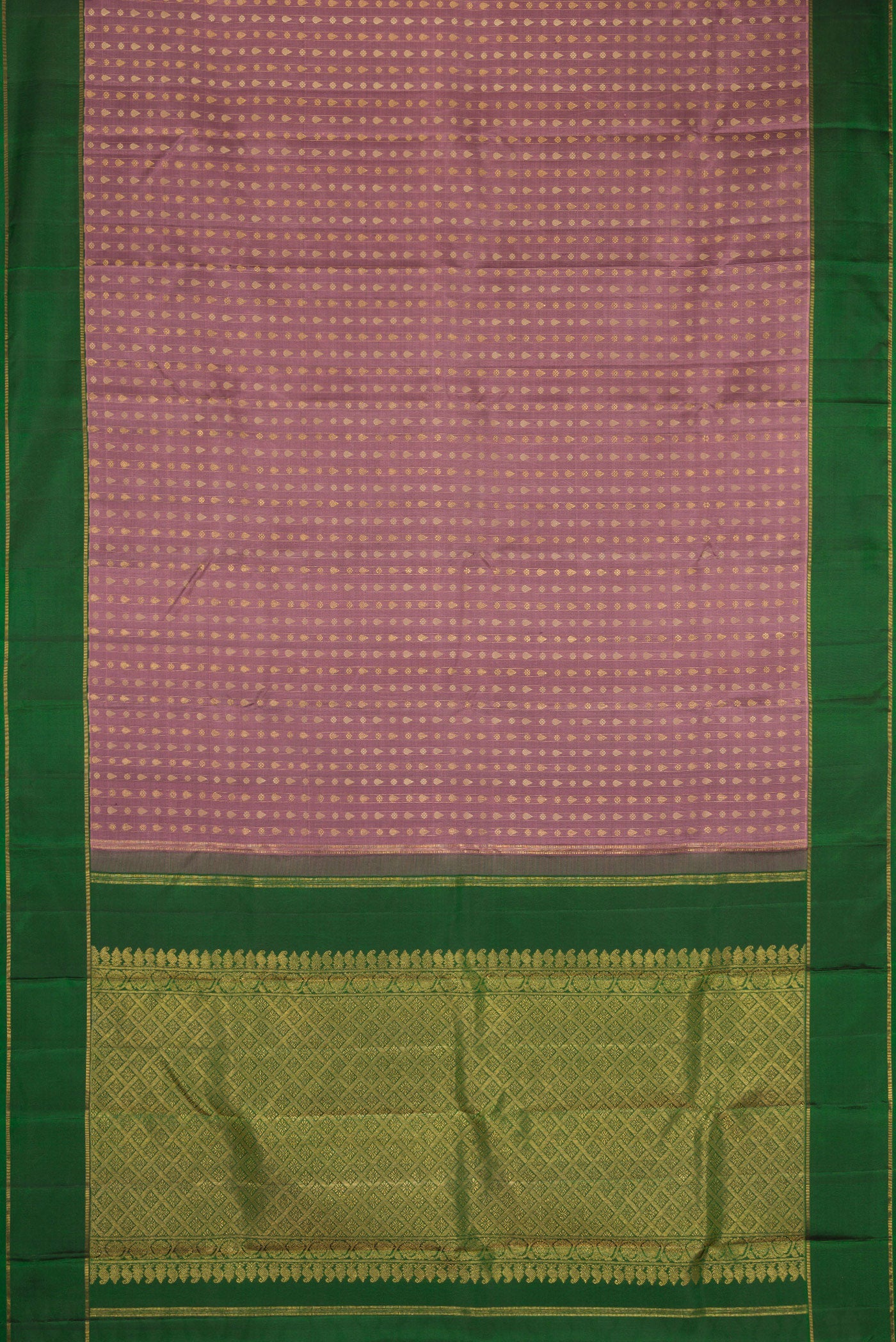 Flat view of Pure Silk Pure Zari Brown Dual Tone Kanchipuram Saree with Zari And Thread Butta on the body and Zari Border. 
