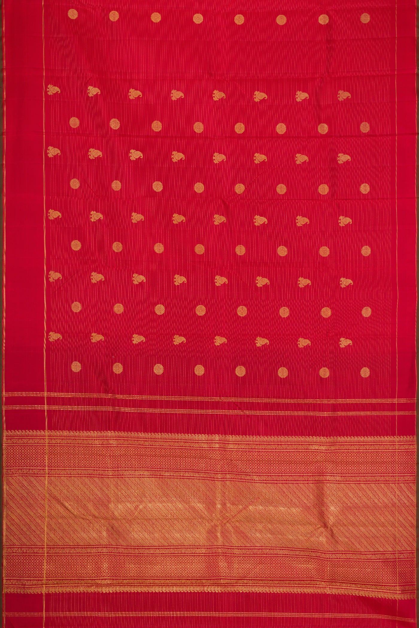 Flat view of Pure Silk Pure Zari Red Dual Tone Kanchipuram Saree with Zari Butta on the body and Zari Border. 