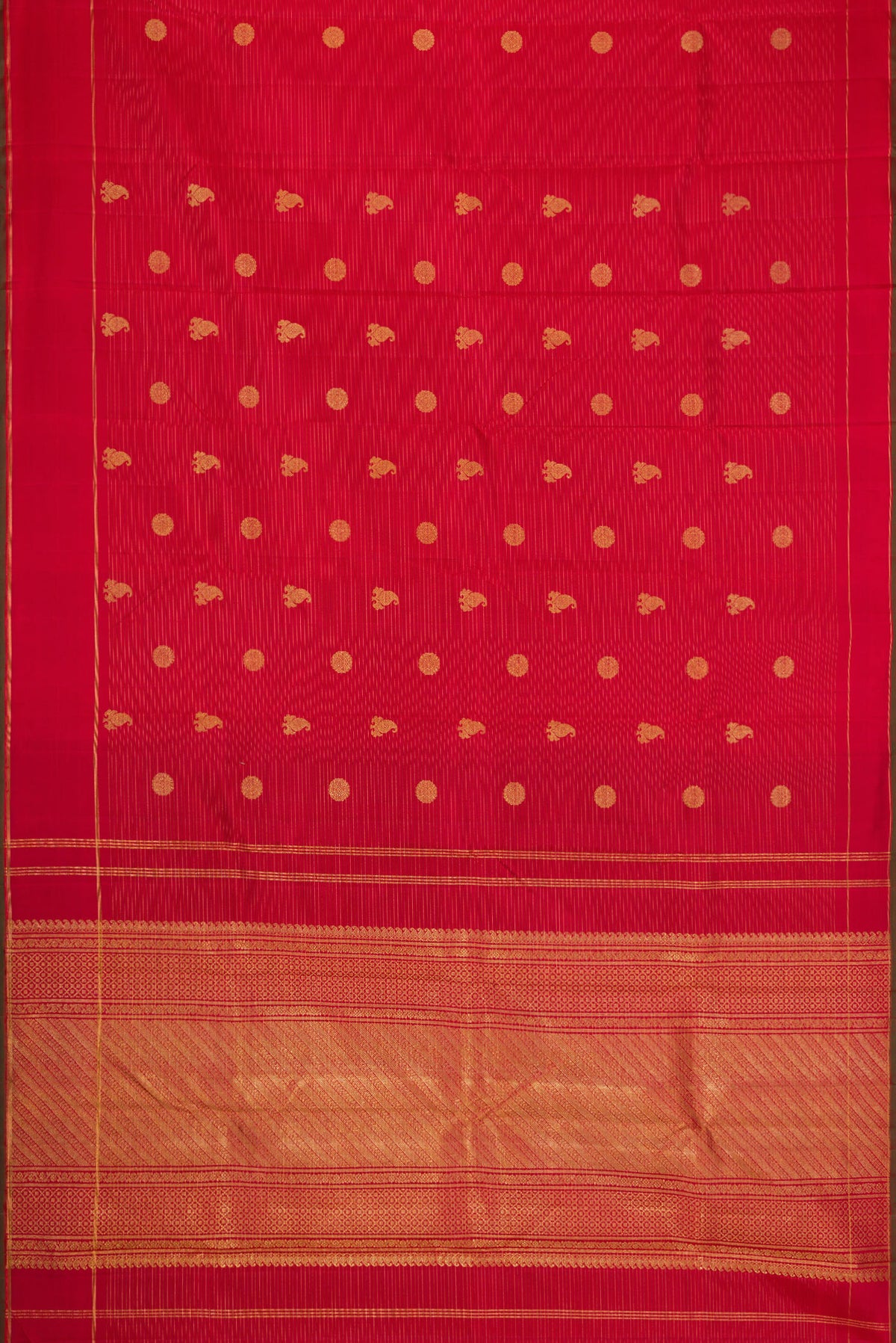 Flat view of Pure Silk Pure Zari Red Dual Tone Kanchipuram Saree with Zari Butta on the body and Zari Border. 