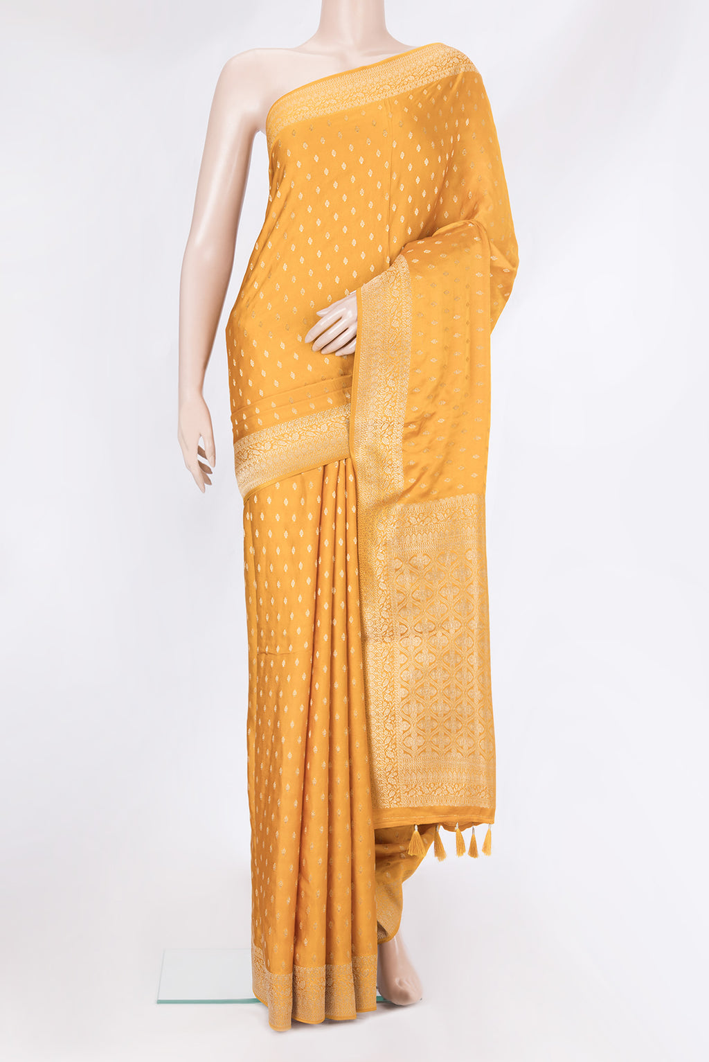 Mustard Dual Tone Blended Banarasi Silk Saree with Zari Butta on the body and Zari Border.  displayed on a mannequin