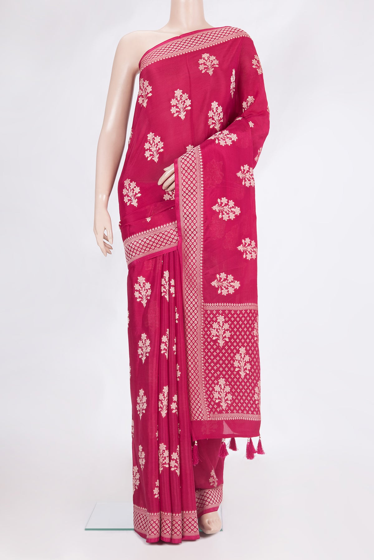 Dark Pink Dual Tone Blended Banarasi Silk Saree with Zari Butta on the body and Zari Border.  displayed on a mannequin