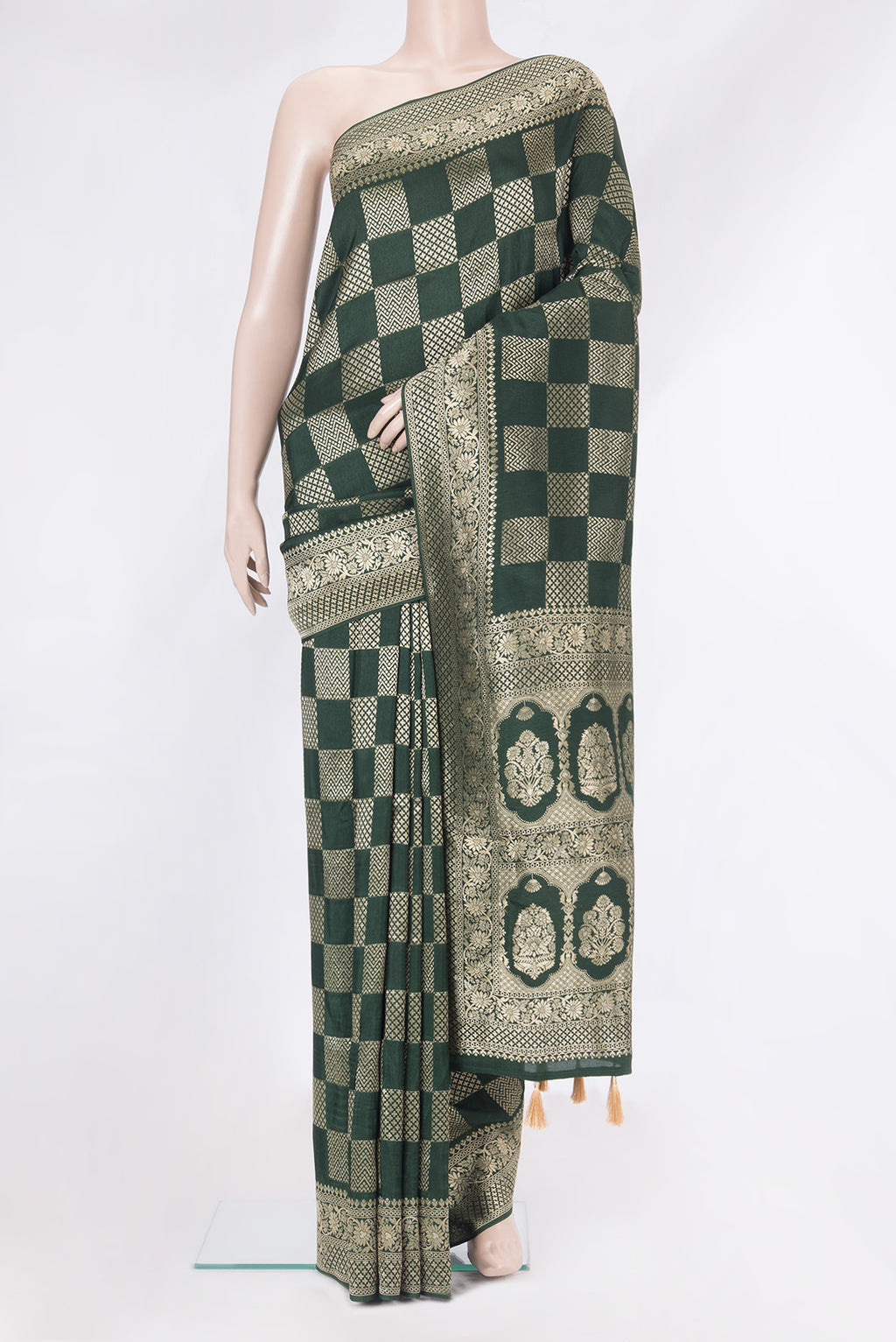 Bottle Green Dual Tone Blended Banarasi Silk Saree with Zari Brocade on the body and Zari Border.  displayed on a mannequin