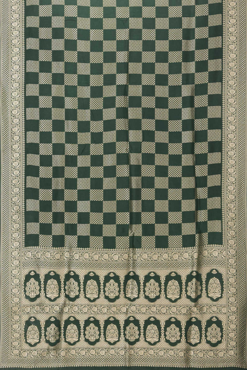 Flat view of Bottle Green Dual Tone Blended Banarasi Silk Saree with Zari Brocade on the body and Zari Border. 