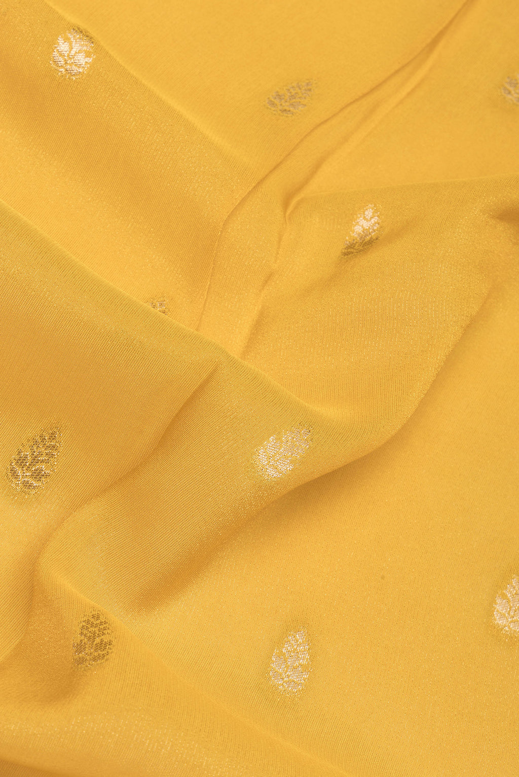 Close up of Mustard Blended Banarasi Silk Saree with Zari Butta on the body and Zari Border.  displaying folds