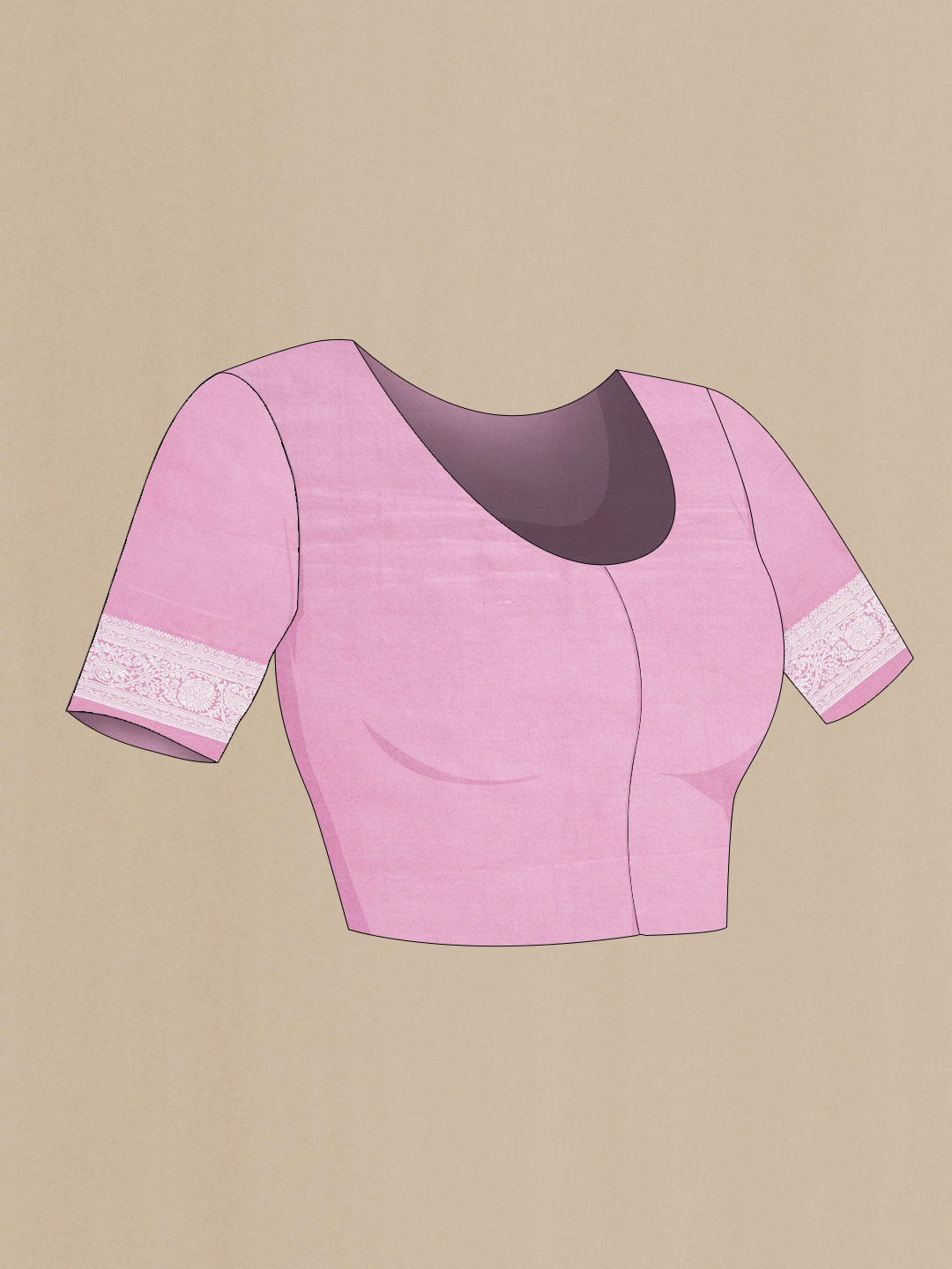 Close up image of the blouse of Rose pink Blended Banarasi Silk Saree with Zari Butta on the body and Fancy Border. 