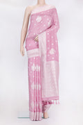 Rose pink Blended Banarasi Silk Saree with Zari Butta on the body and Fancy Border.  displayed on a mannequin