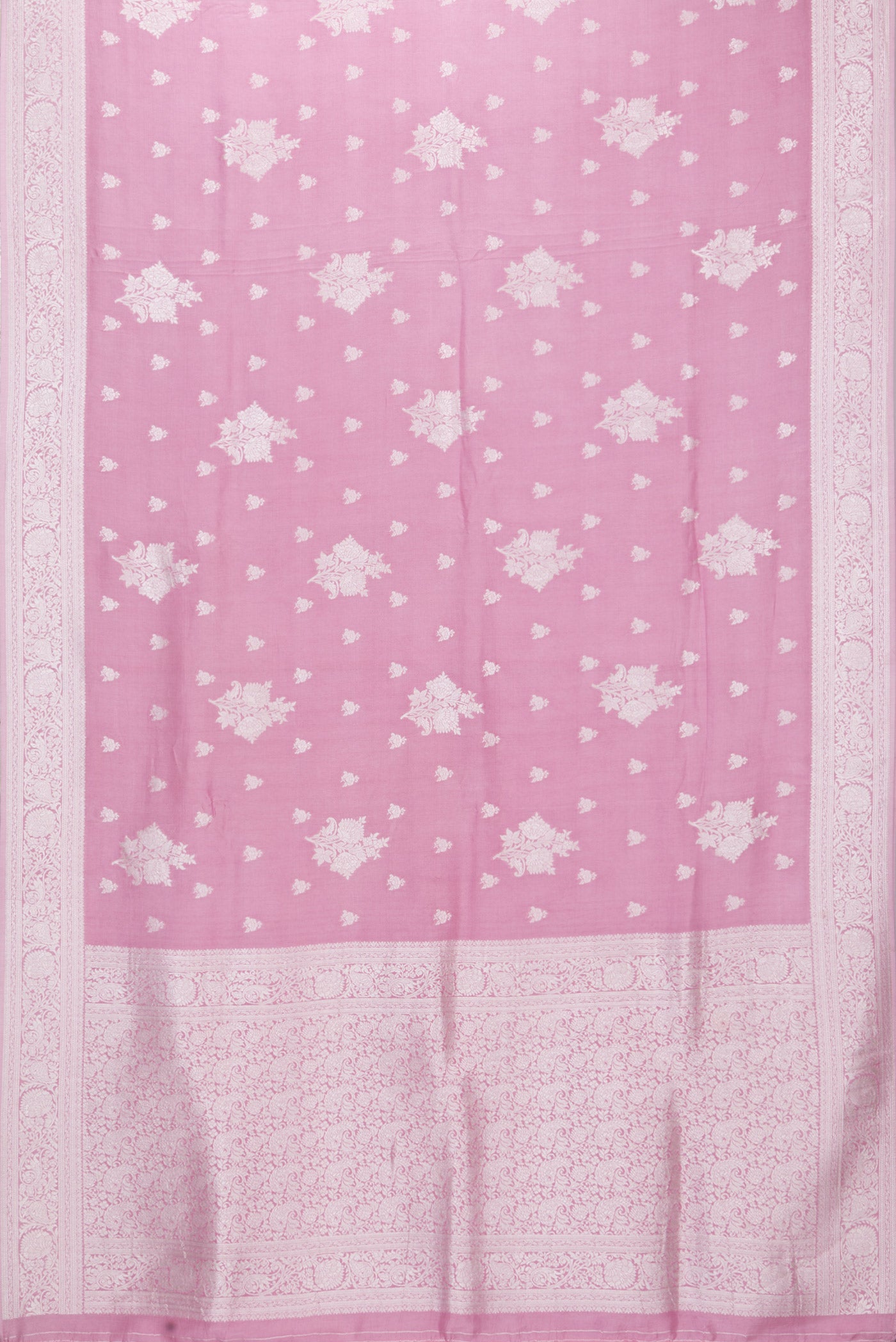 Flat view of Rose pink Blended Banarasi Silk Saree with Zari Butta on the body and Fancy Border. 