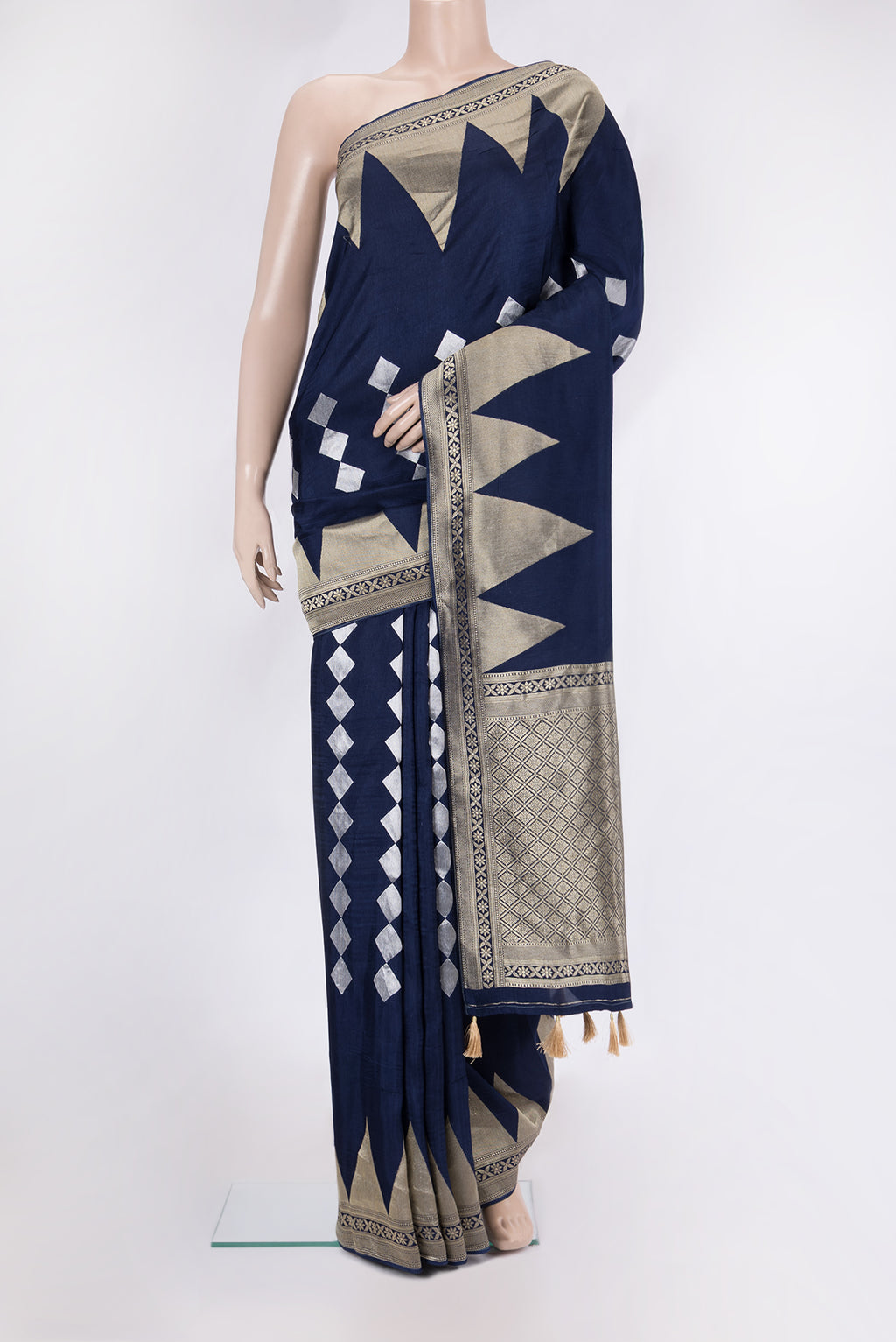 Navy Blue Blended Banarasi Silk Saree with Zari Butta on the body and Fancy Border.  displayed on a mannequin