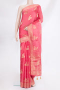 Coral Blended Banarasi Silk Saree with Jacquard With Zari Butta on the body and Zari Border.  displayed on a mannequin