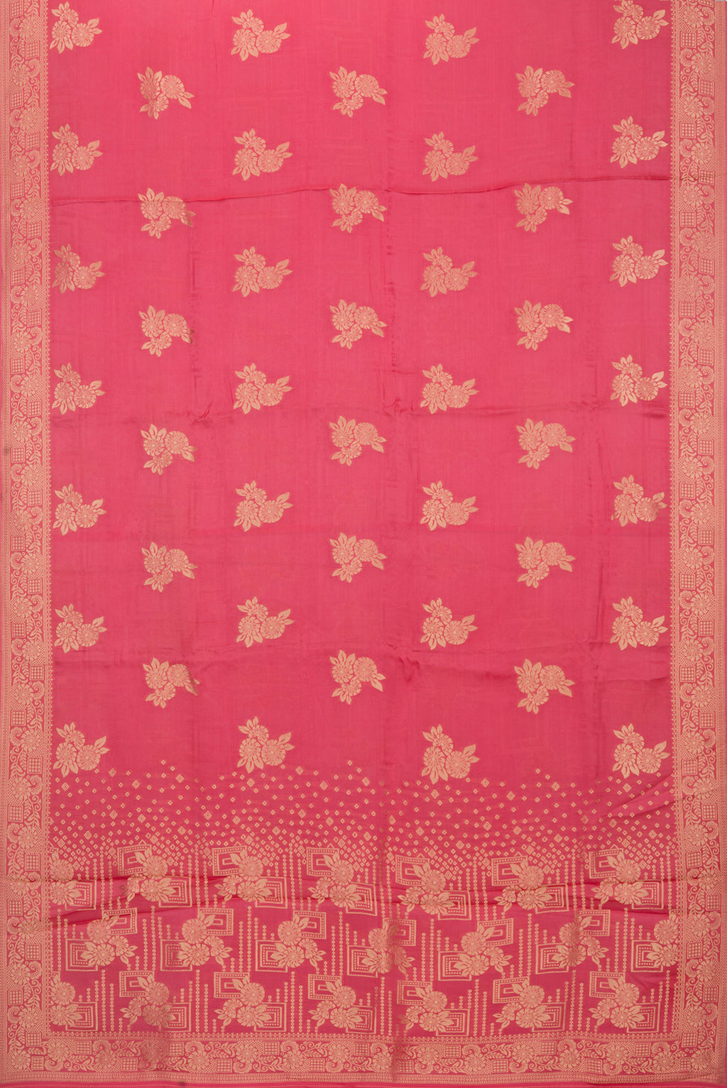 Flat view of Coral Blended Banarasi Silk Saree with Jacquard With Zari Butta on the body and Zari Border. 