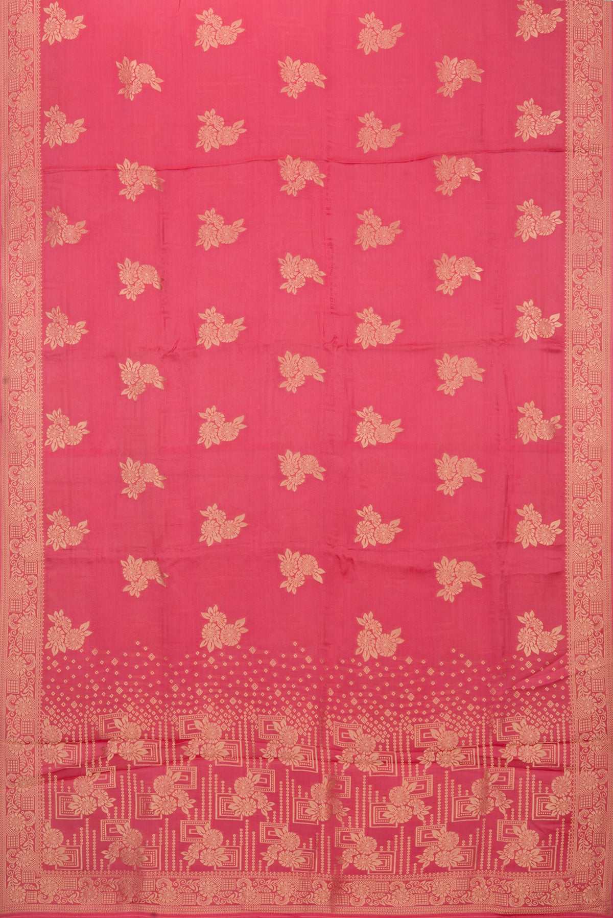 Flat view of Coral Blended Banarasi Silk Saree with Jacquard With Zari Butta on the body and Zari Border. 