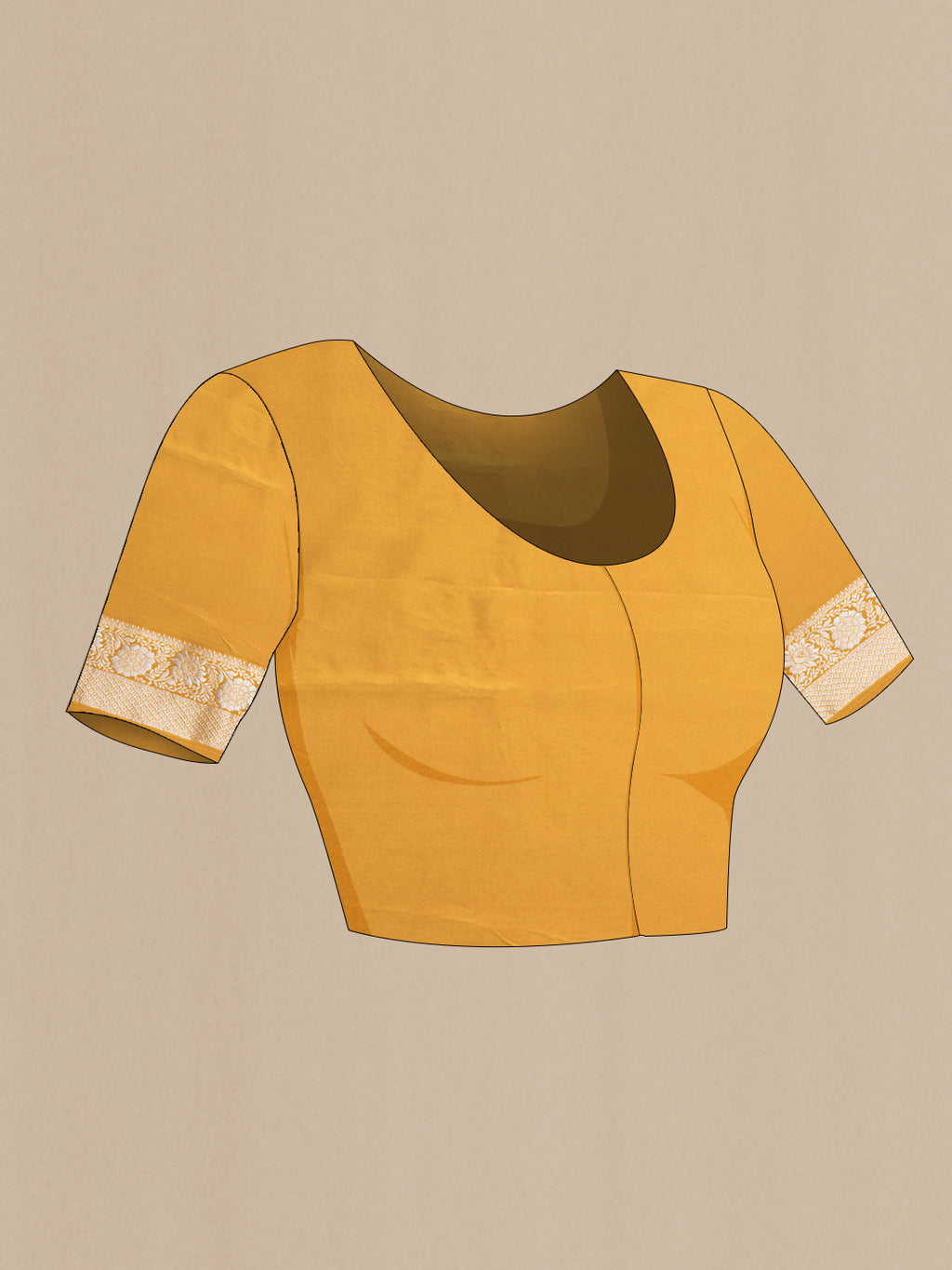 Close up image of the blouse of Mustard Dual Tone Blended Banarasi Silk Saree with Stripes on the body and Fancy Border. 