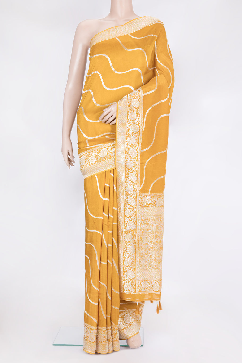 Mustard Dual Tone Blended Banarasi Silk Saree with Stripes on the body and Fancy Border.  displayed on a mannequin