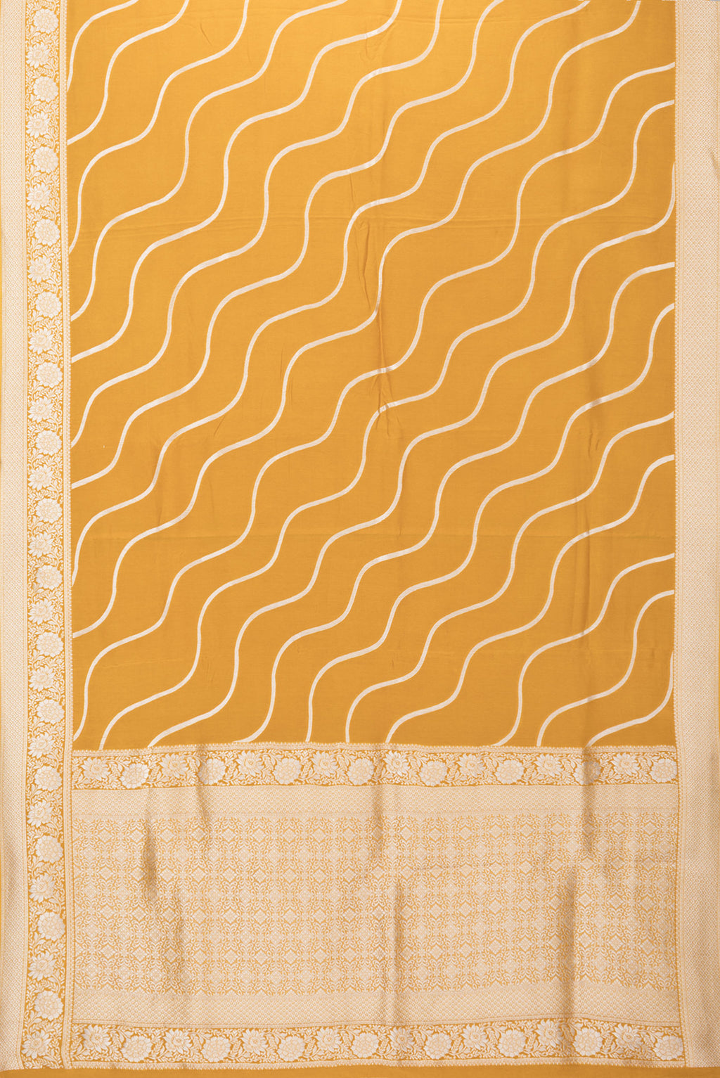 Flat view of Mustard Dual Tone Blended Banarasi Silk Saree with Stripes on the body and Fancy Border. 