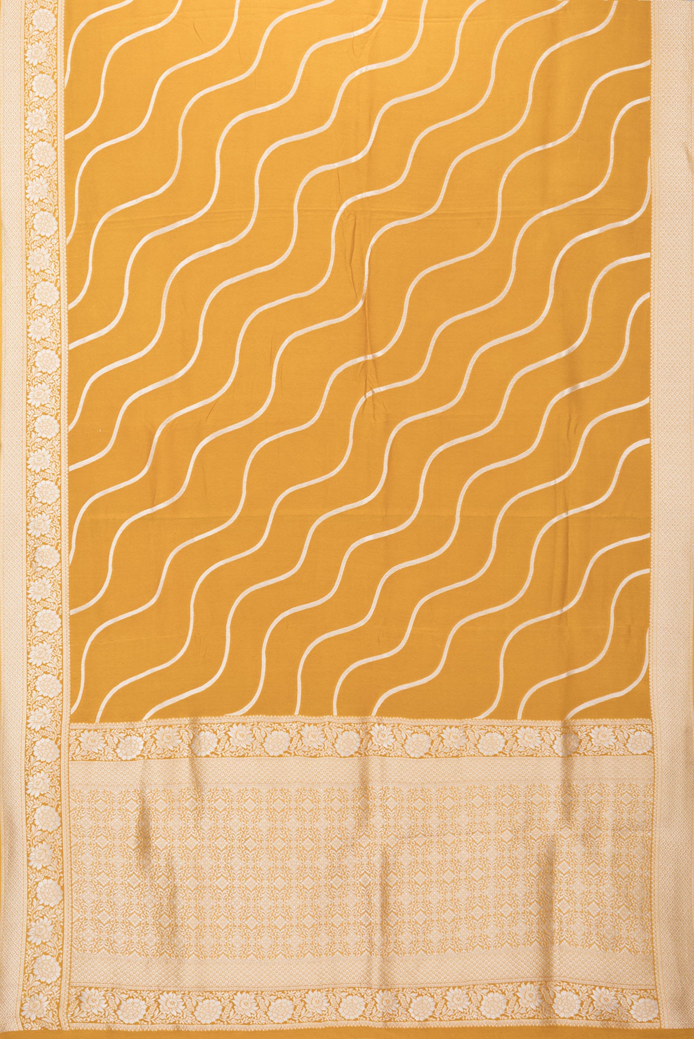 Flat view of Mustard Dual Tone Blended Banarasi Silk Saree with Stripes on the body and Fancy Border. 