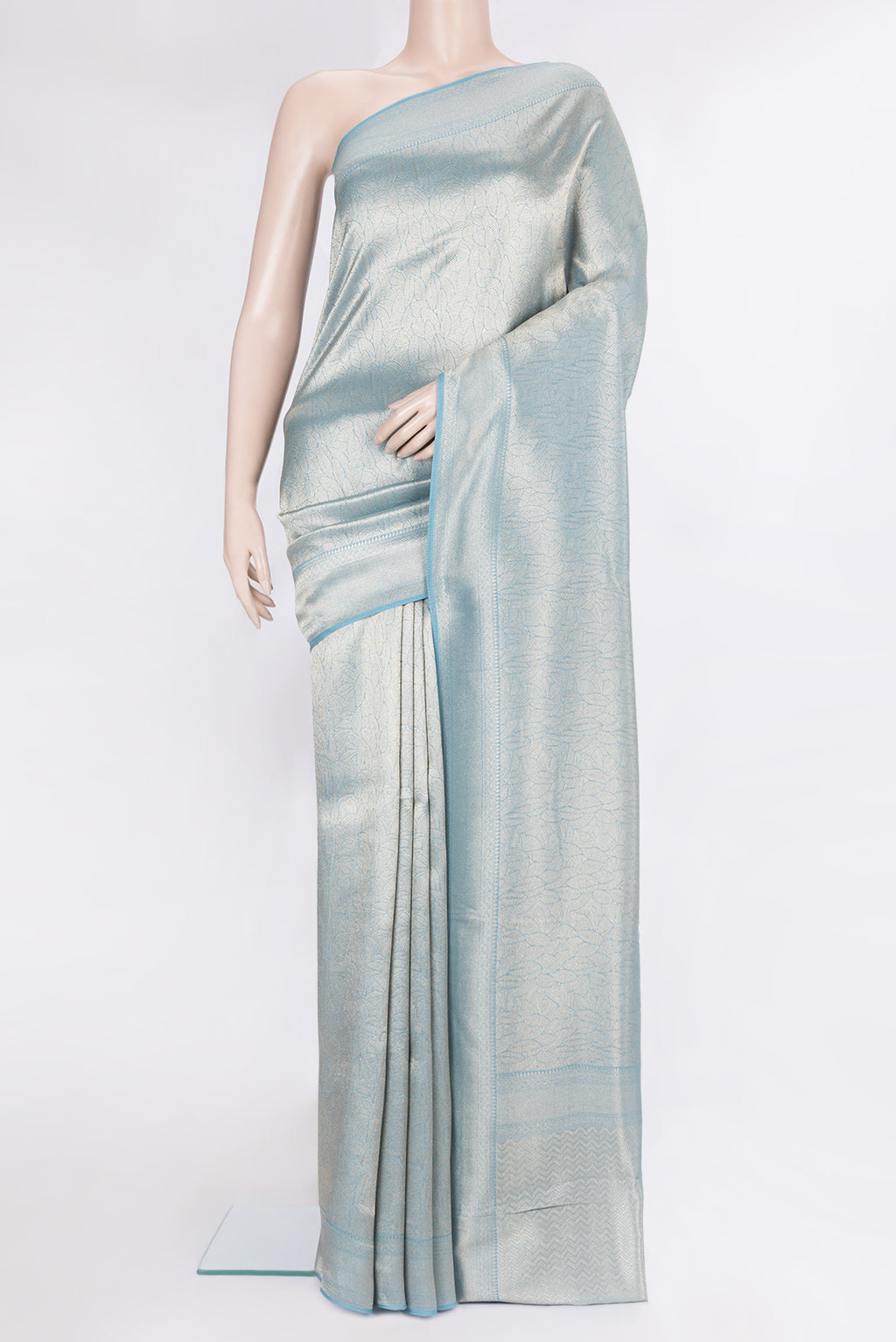Blue Blended Banarasi Silk Saree with Zari Brocade on the body and Fancy Border.  displayed on a mannequin
