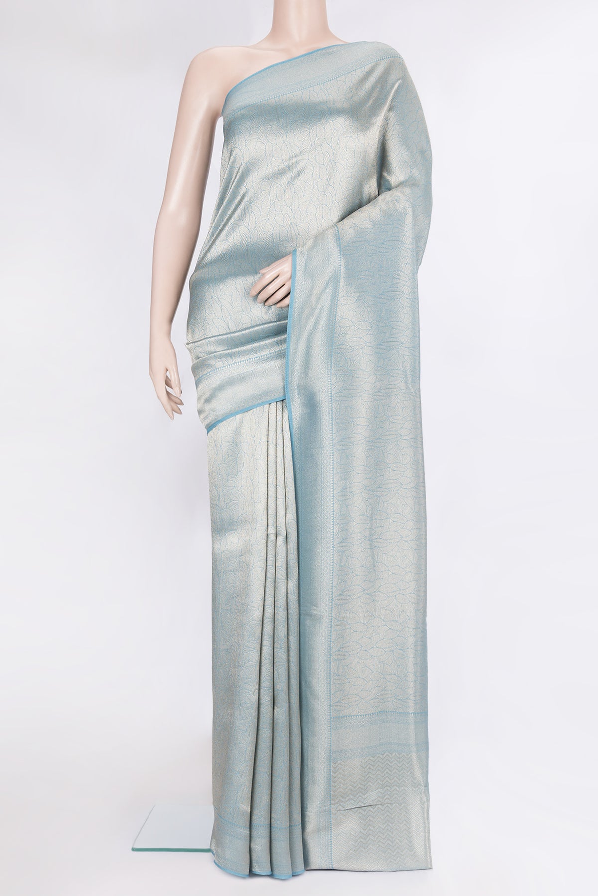 Blue Blended Banarasi Silk Saree with Zari Brocade on the body and Fancy Border.  displayed on a mannequin