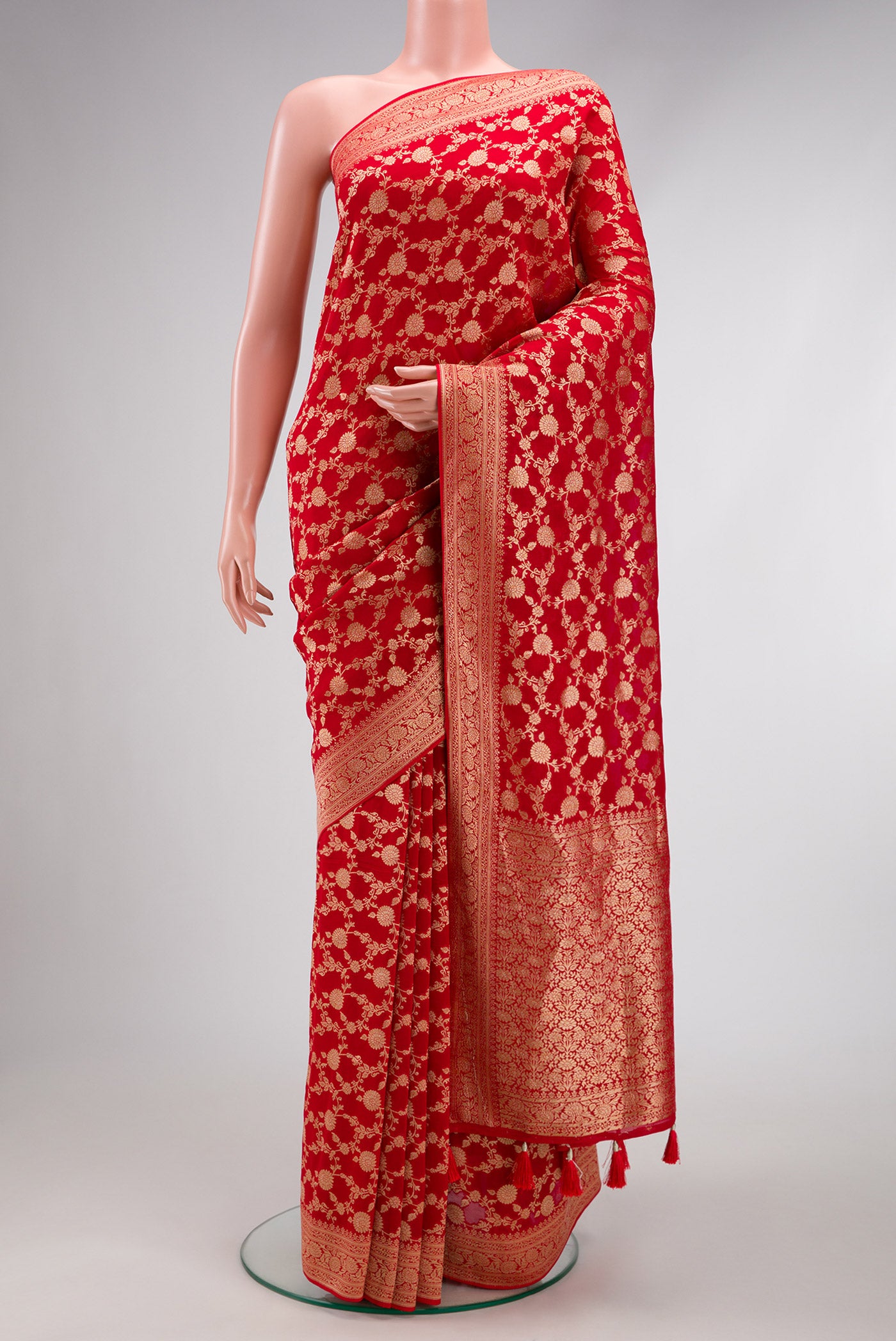 Red Dual Tone Blended Banarasi Georgette Saree with Zari Brocade on the body and Zari Border.  displayed on a mannequin