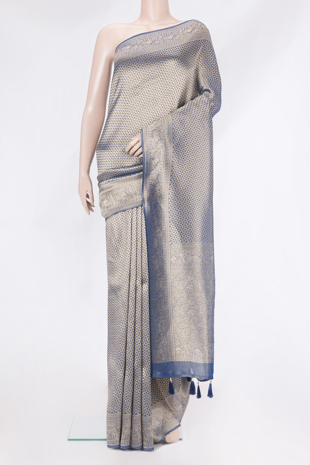 Navy Blue Dual Tone Blended Banarasi Silk Saree with Zari Brocade on the body and Zari Border.  displayed on a mannequin