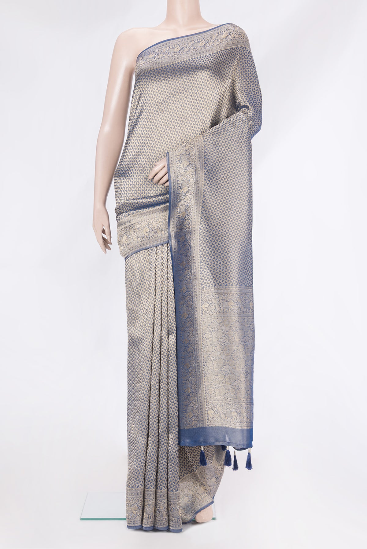 Navy Blue Dual Tone Blended Banarasi Silk Saree with Zari Brocade on the body and Zari Border.  displayed on a mannequin