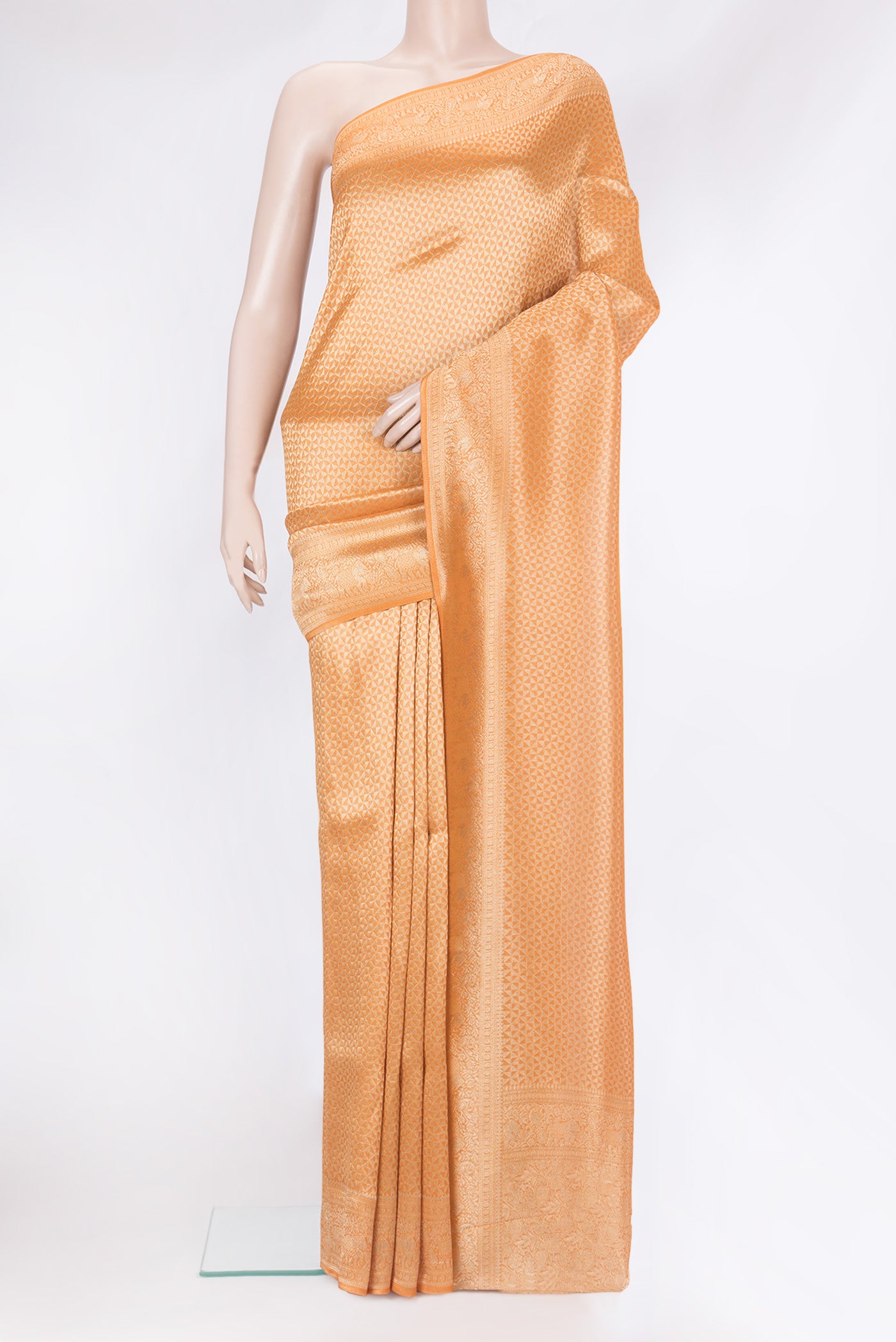 Orange Dual Tone Blended Banarasi Silk Saree with Zari Brocade on the body and Zari Border.  displayed on a mannequin