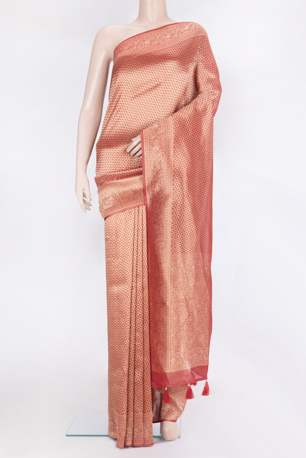 Red Blended Banarasi Silk Saree with Zari Brocade on the body and Fancy Border.  displayed on a mannequin