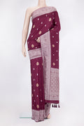 Burgundy Blended Banarasi Silk Saree with Zari Brocade on the body and Zari Border.  displayed on a mannequin