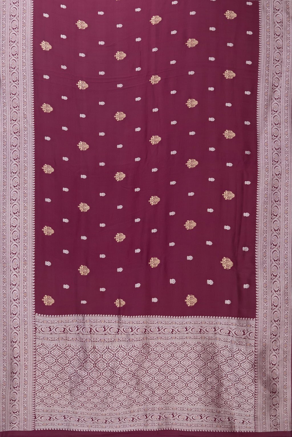 Flat view of Burgundy Blended Banarasi Silk Saree with Zari Brocade on the body and Zari Border. 