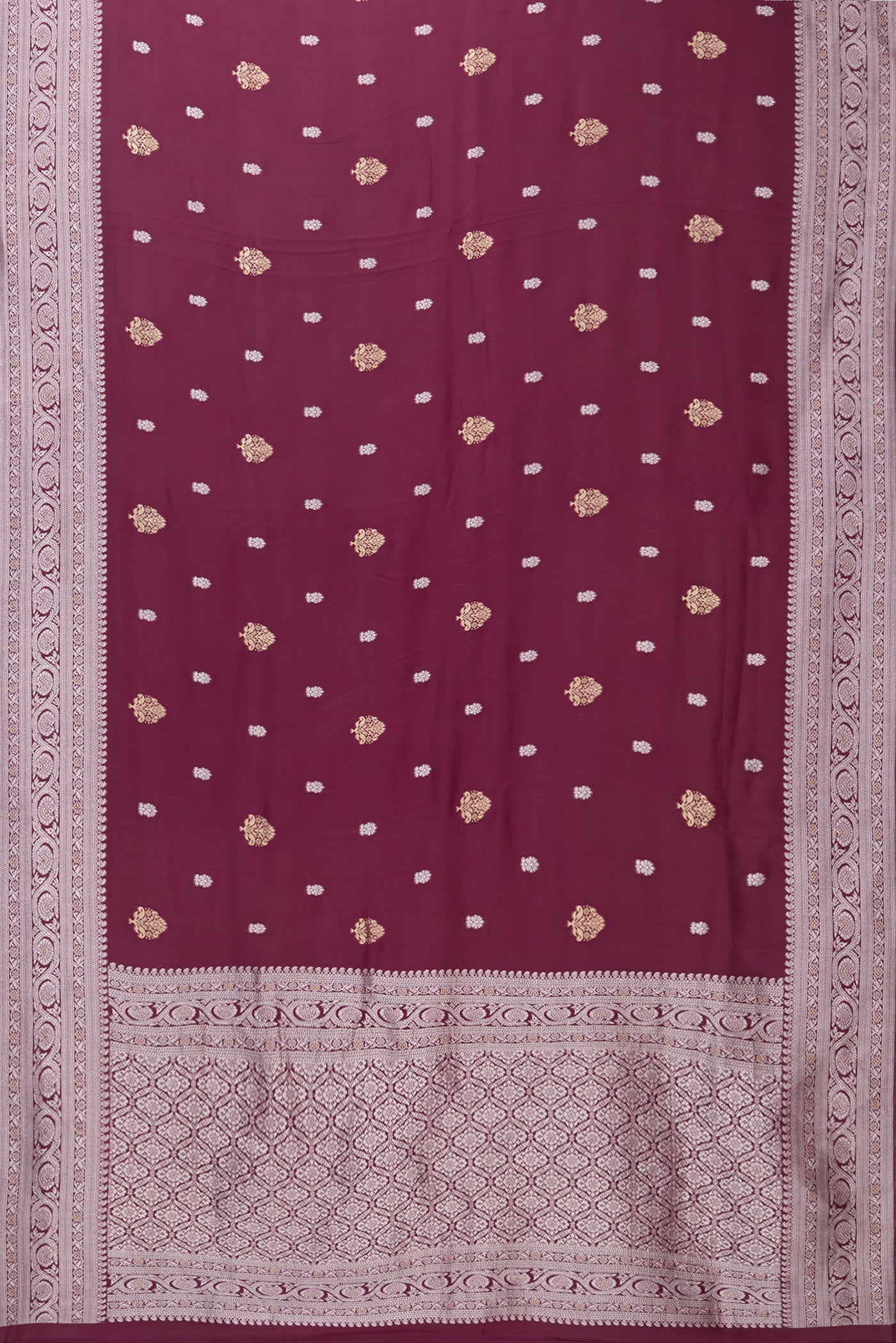 Flat view of Burgundy Blended Banarasi Silk Saree with Zari Brocade on the body and Zari Border. 