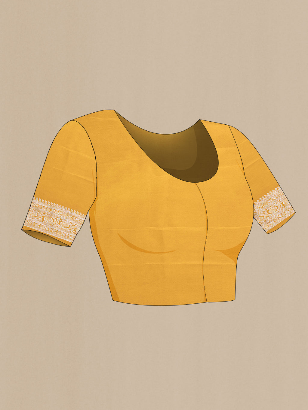 Close up image of the blouse of Mustard Blended Banarasi Silk Saree with Zari Butta on the body and Fancy Border. 