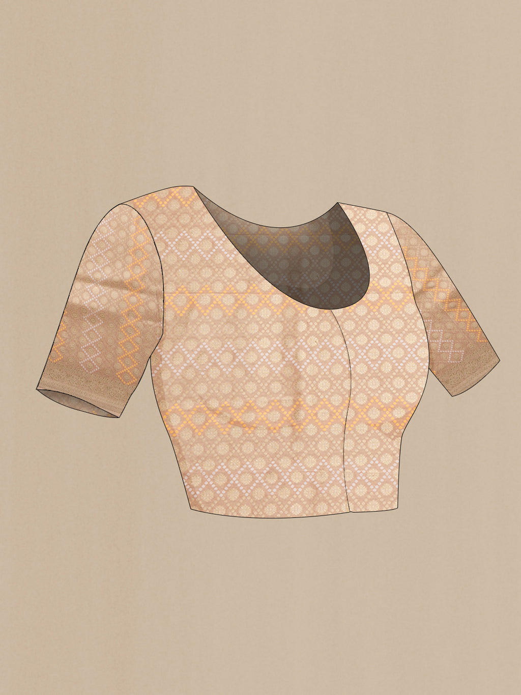 Close up image of the blouse of Peach Blended Banarasi Silk Saree with Jacquard With Zari Butta on the body and Fancy Border. 