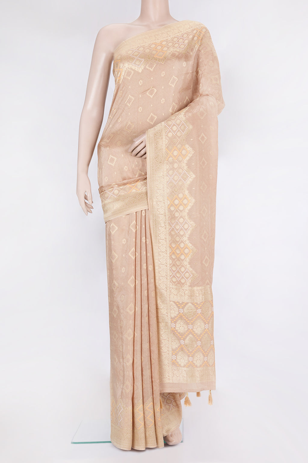 Peach Blended Banarasi Silk Saree with Jacquard With Zari Butta on the body and Fancy Border.  displayed on a mannequin