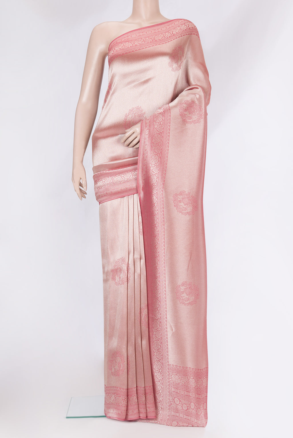 Rose Gold Dual Tone Blended Banarasi Silk Saree with Zari Brocade on the body and Zari Border.  displayed on a mannequin