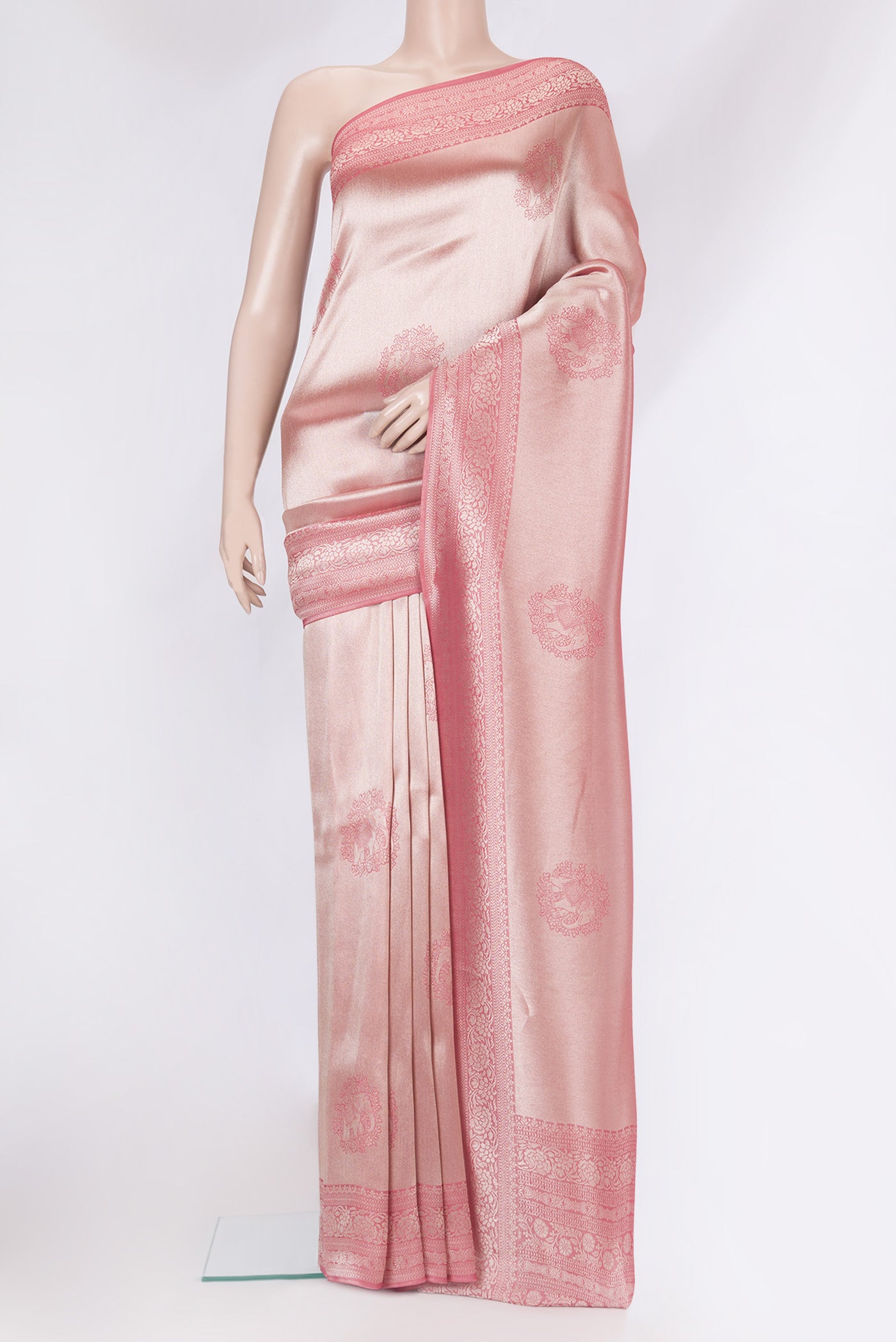 Rose Gold Dual Tone Blended Banarasi Silk Saree with Zari Brocade on the body and Zari Border.  displayed on a mannequin