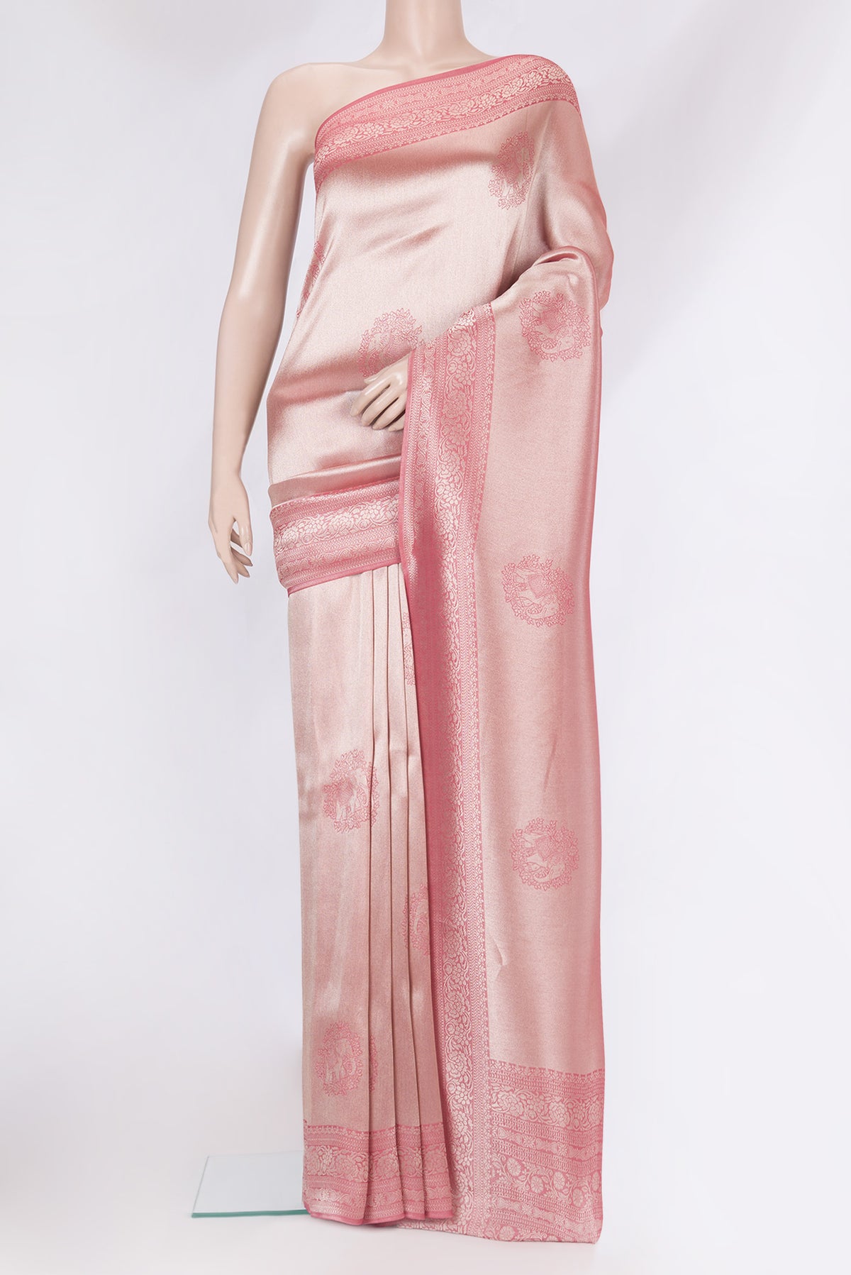 Rose Gold Dual Tone Blended Banarasi Silk Saree with Zari Brocade on the body and Zari Border.  displayed on a mannequin