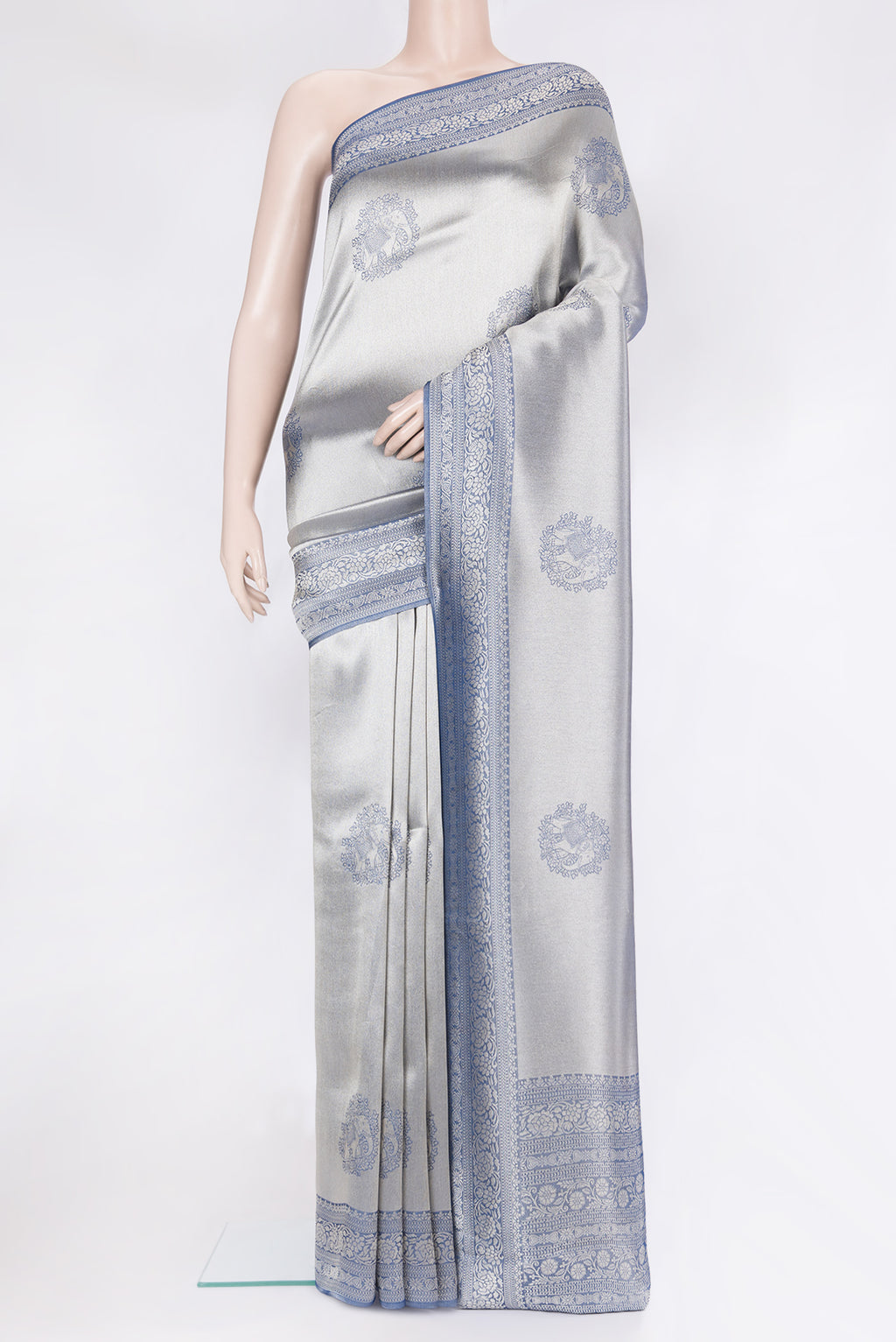 Blue Grey Dual Tone Blended Banarasi Silk Saree with Zari Brocade on the body and Fancy Border.  displayed on a mannequin