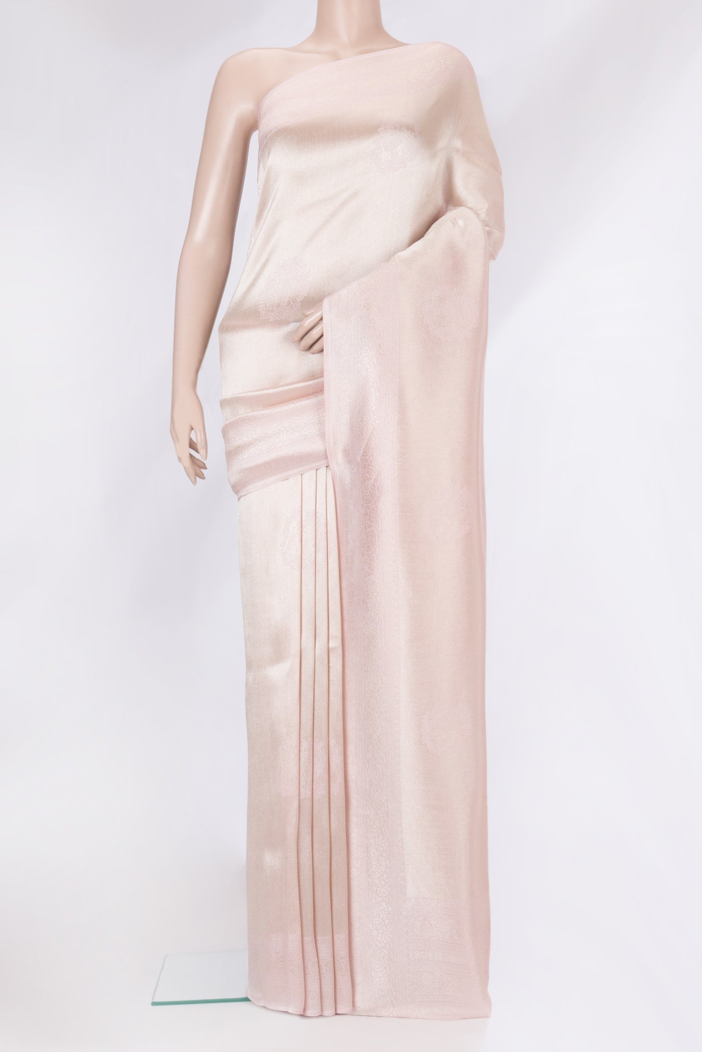 Rose Gold Dual Tone Blended Banarasi Silk Saree with Zari Brocade on the body and Zari Border.  displayed on a mannequin