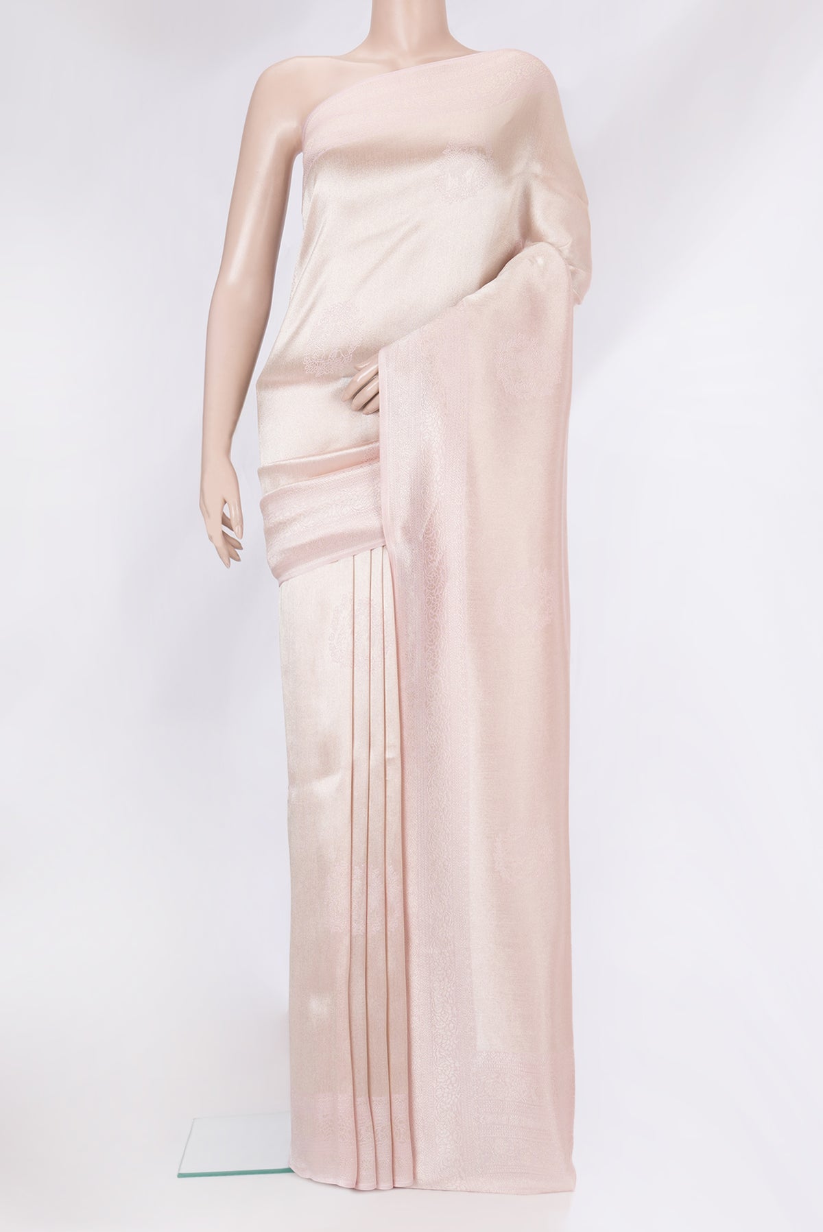 Rose Gold Dual Tone Blended Banarasi Silk Saree with Zari Brocade on the body and Zari Border.  displayed on a mannequin