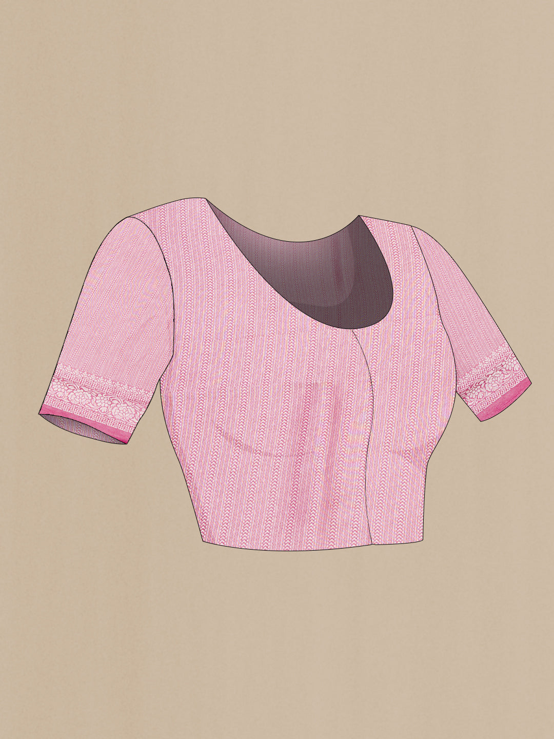 Close up image of the blouse of Pink Blended Banarasi Silk Saree with Zari Brocade on the body and Zari Border. 