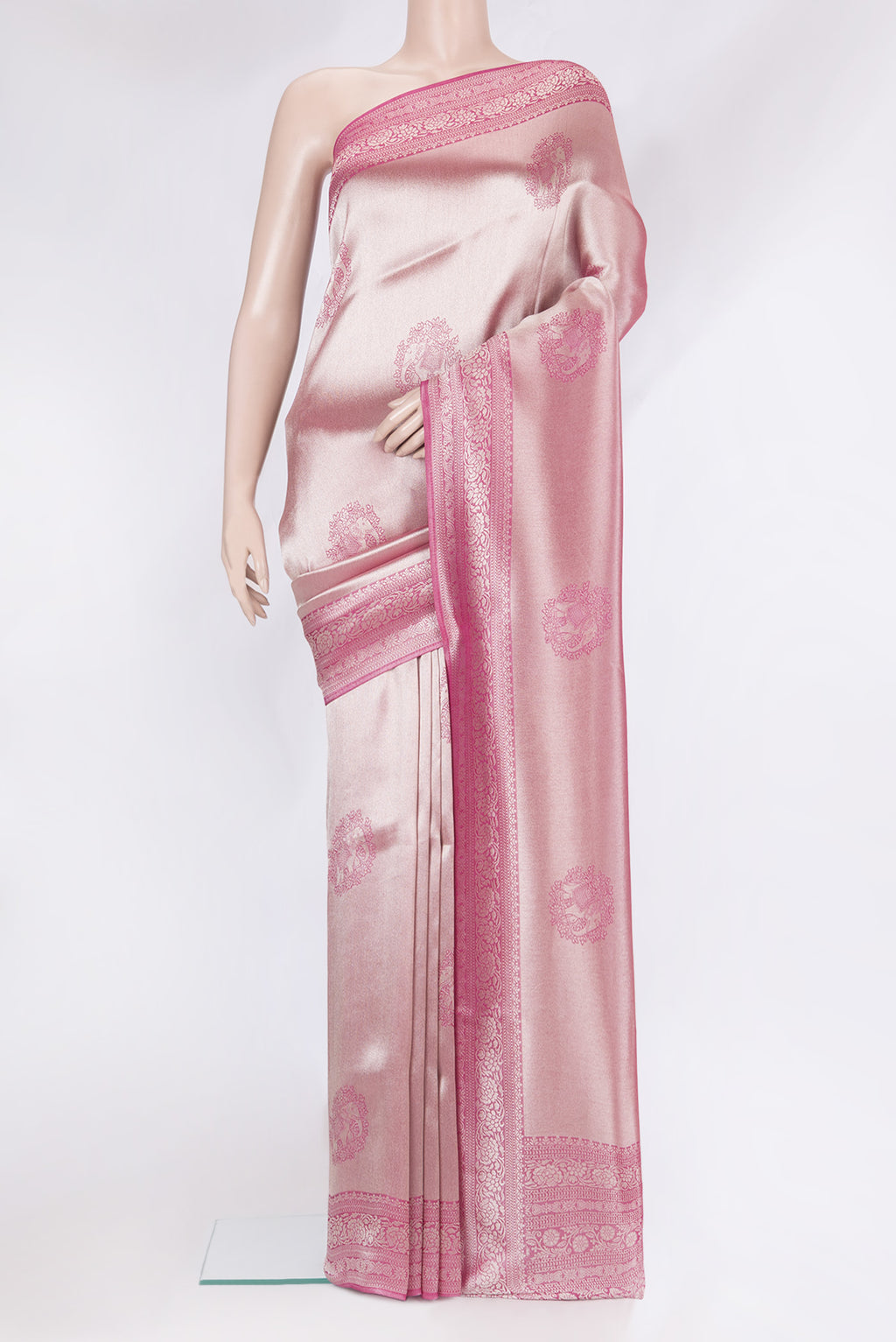 Pink Blended Banarasi Silk Saree with Zari Brocade on the body and Zari Border.  displayed on a mannequin