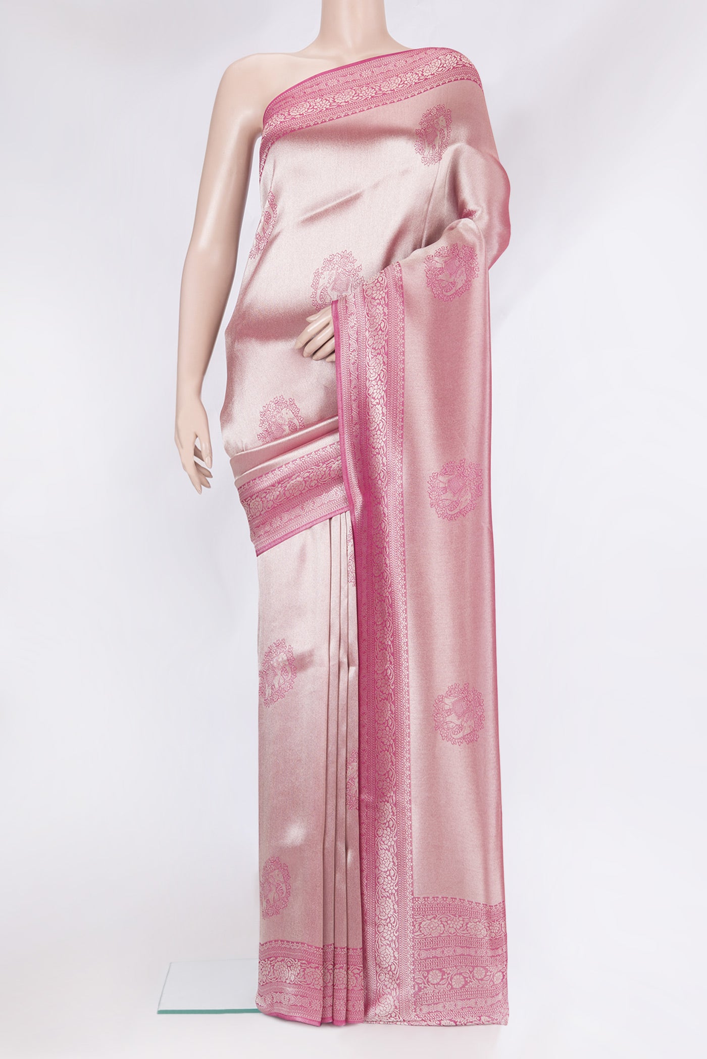 Pink Blended Banarasi Silk Saree with Zari Brocade on the body and Zari Border.  displayed on a mannequin